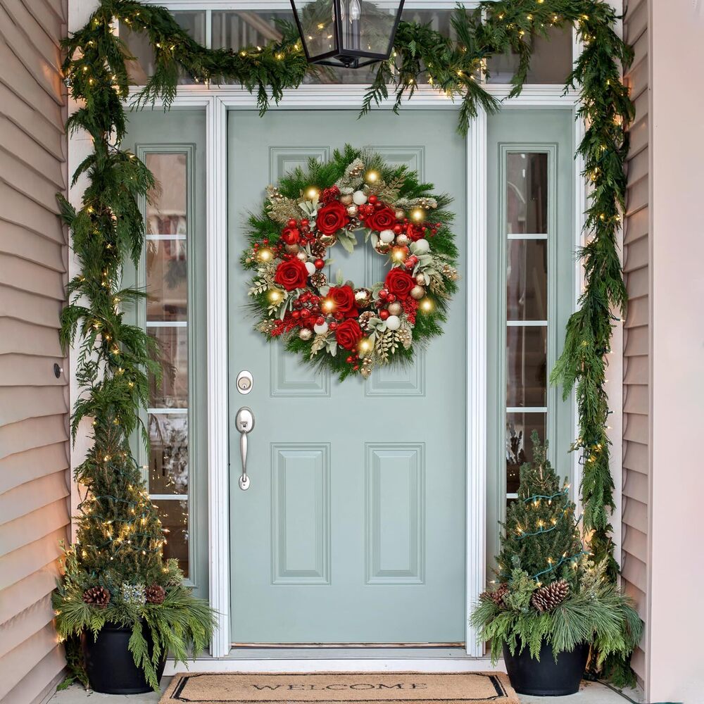 1060 24 Inch Artificial Christmas Wreath for Front Door, Christmas Rose - Picture 7 of 8